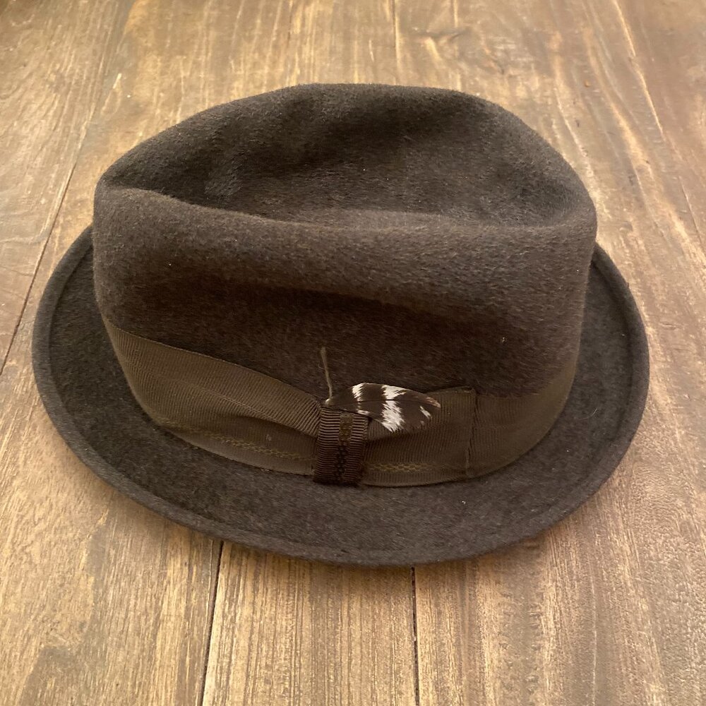 Mallory Canada Stetson Feather Fedora Hat Felt Gray Green 8" Long 6.5" Wide
